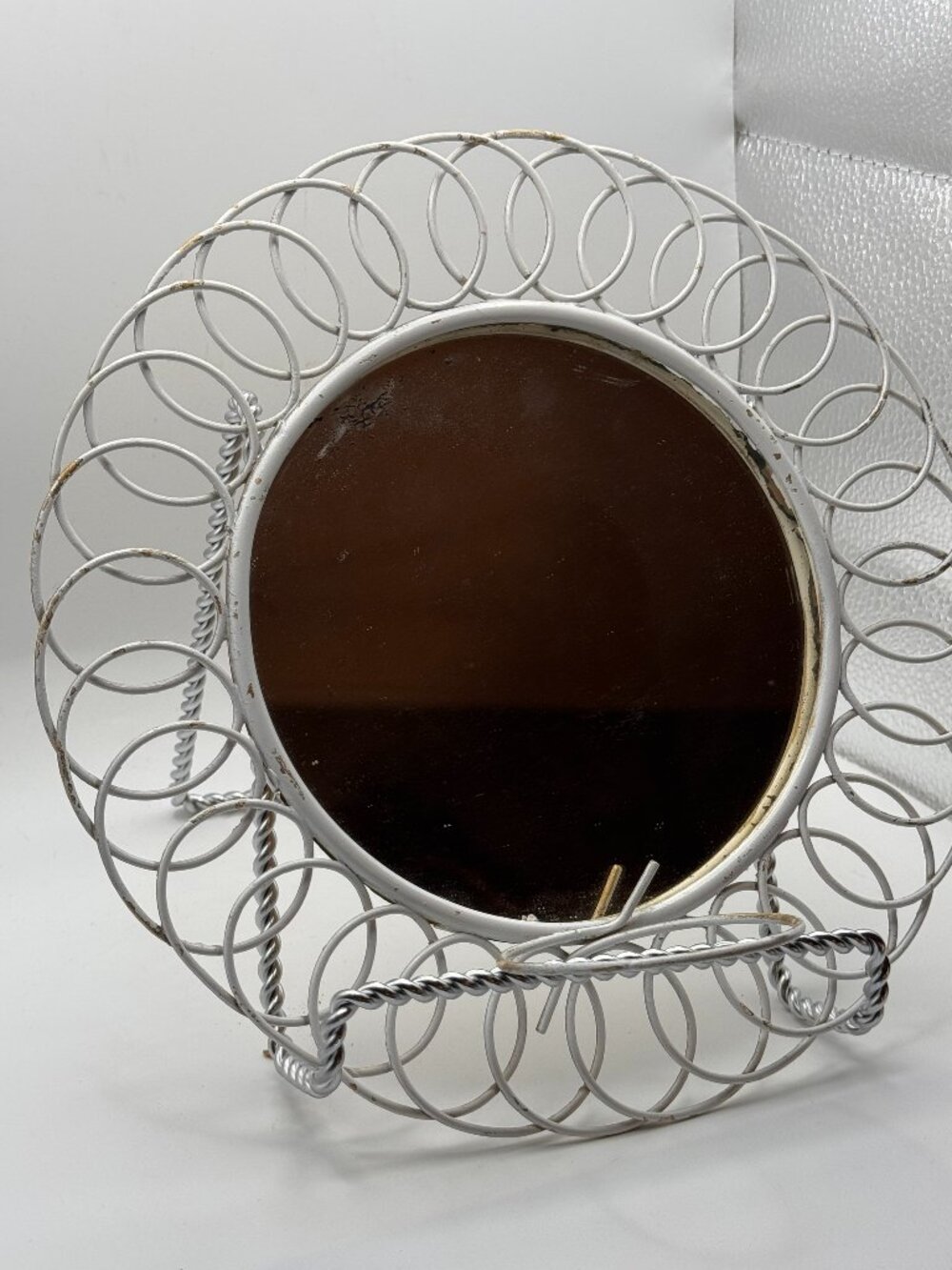 Vintage Silver Tone Looped Wire Vanity Wall Mirror - Round